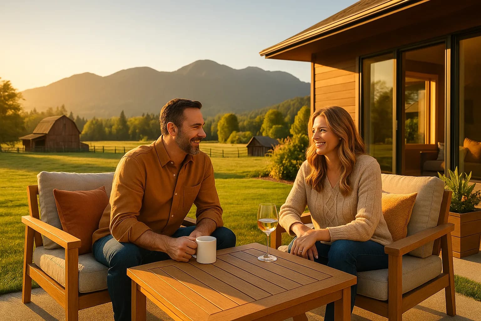 Couple outside a Monroe acreage home with the Cascades behind