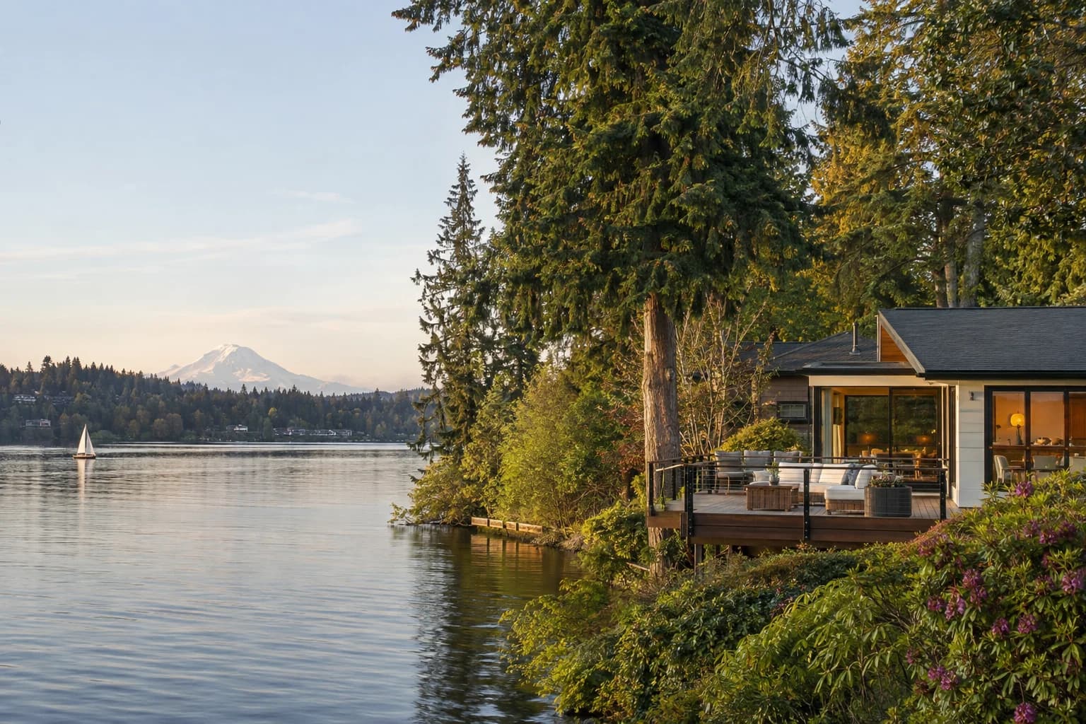 Renovated rambler with a lakeside deck in Mountlake Terrace, Washington, with Lake Ballinger through mature trees