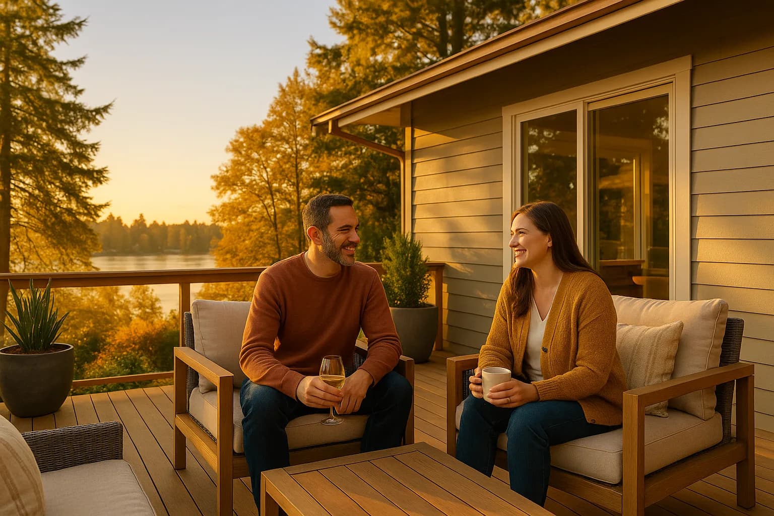 Couple on a Mountlake Terrace deck near Lake Ballinger