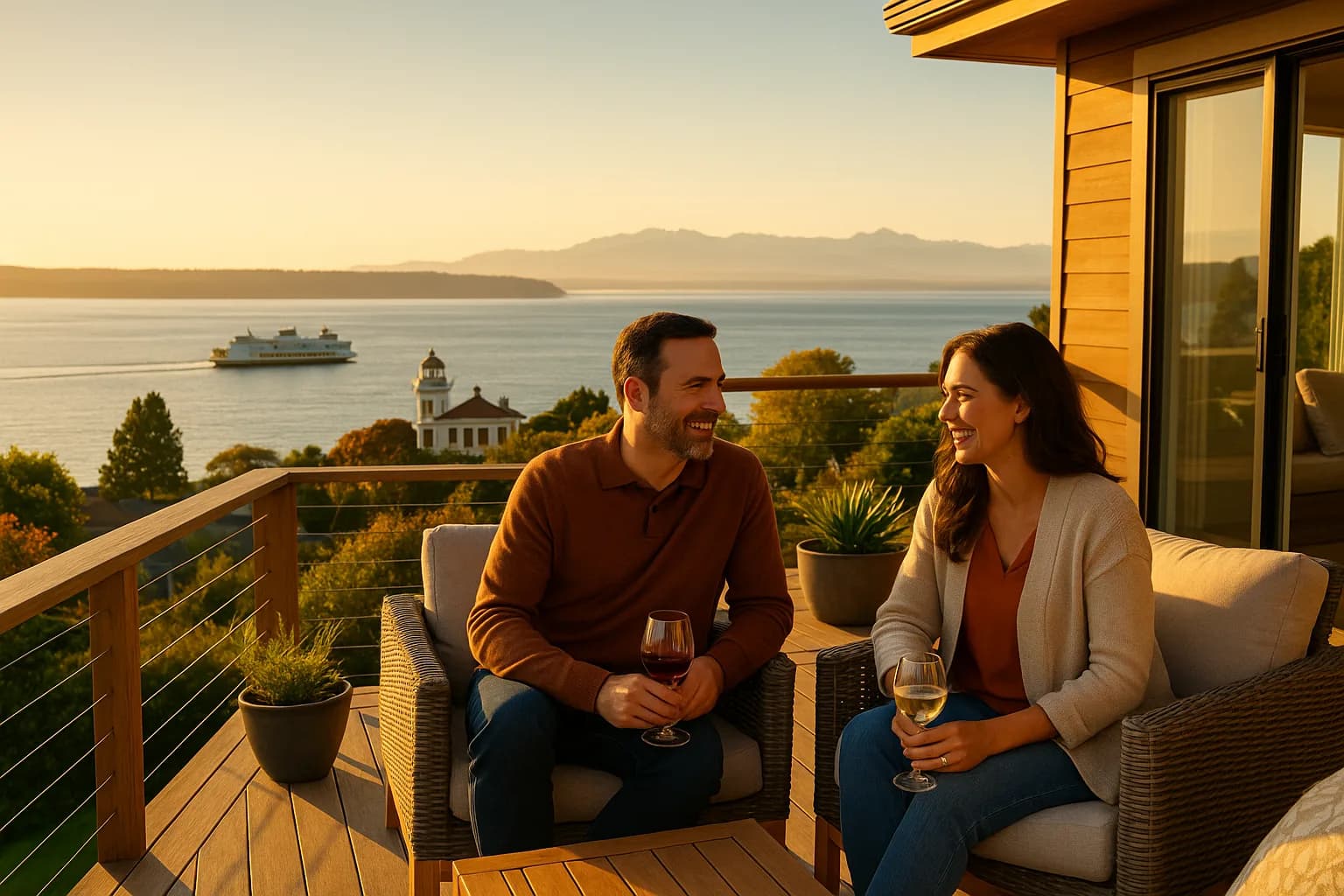 Couple on a Mukilteo bluff deck with the lighthouse and the ferry