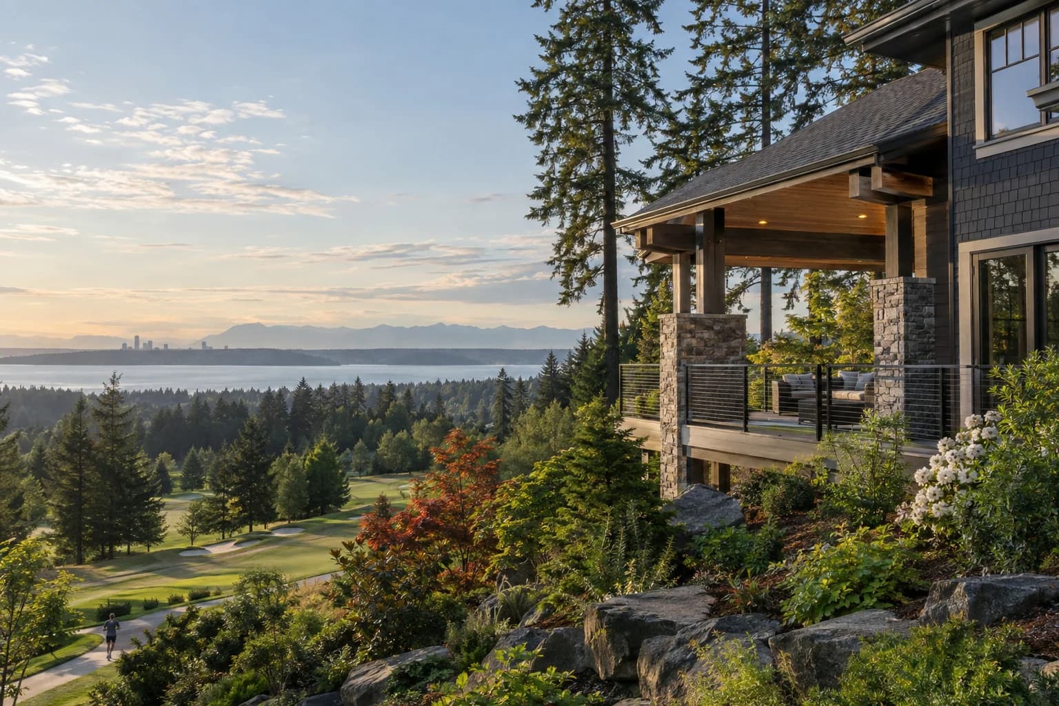 Newer craftsman with a deep covered porch in Newcastle, Washington, with a hillside above a golf course fairway with Cougar Mountain forest and a glimpse of Lake Washington