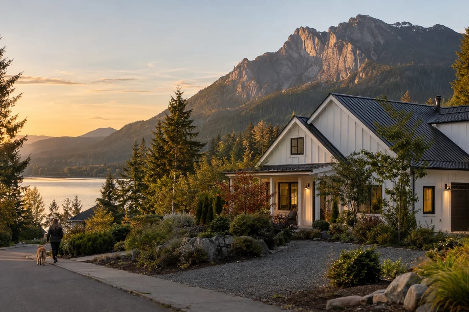 Modern farmhouse with black window frames and a gravel drive in North Bend, Washington, with the base of Mount Si with its rock face lit by low sun