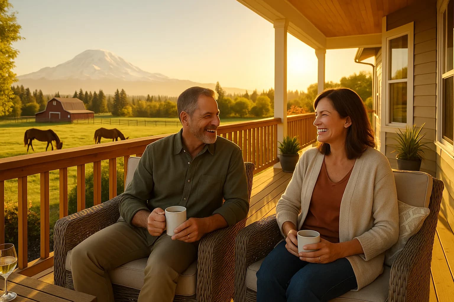 Couple on a Pierce County porch with pasture, barn and Mount Rainier