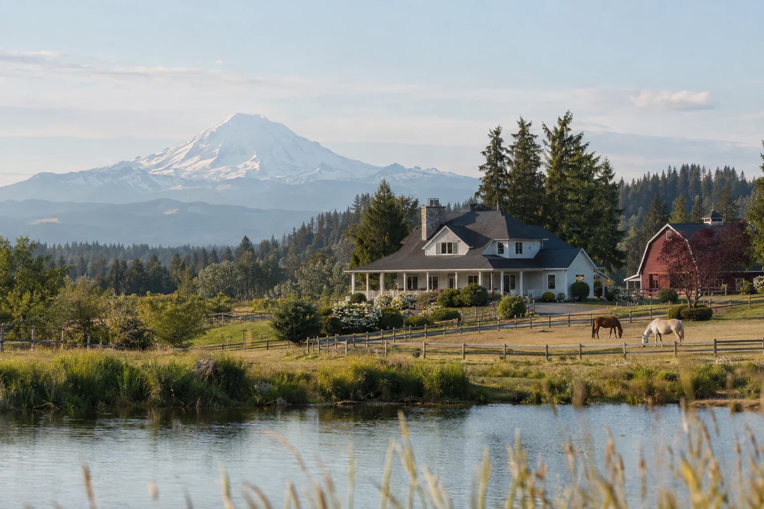Farmhouse with a wraparound porch on acreage in Pierce County, Washington, with rolling acreage with horses in a pasture, a red barn and Mount Rainier filling the background