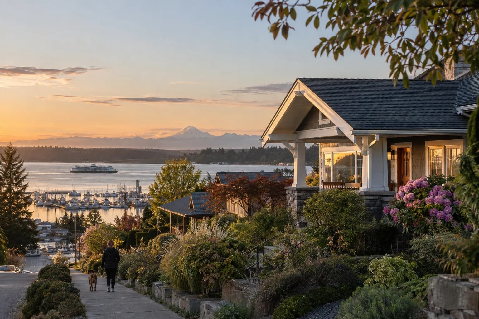 Craftsman bungalow on the hill above the marina in Port Orchard, Washington, with Sinclair Inlet and the Port Orchard marina with a ferry crossing