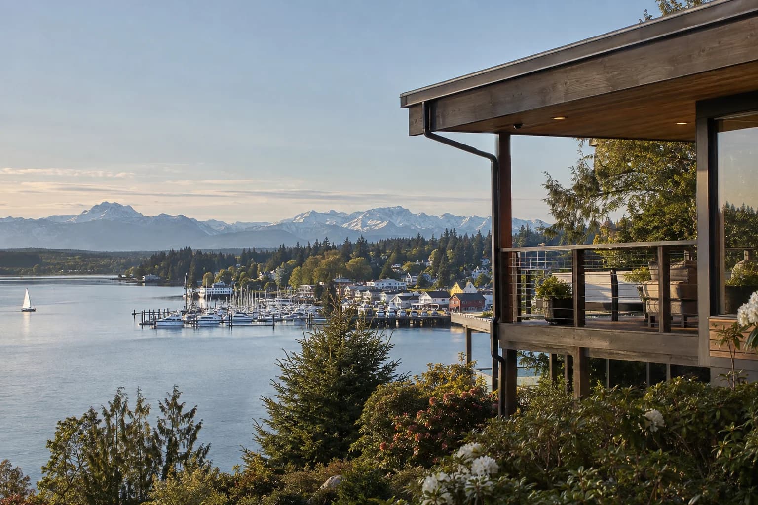 Hillside home with a covered deck above the bay in Poulsbo, Washington, with Liberty Bay with the marina and Scandinavian downtown below, Olympic Mountains behind