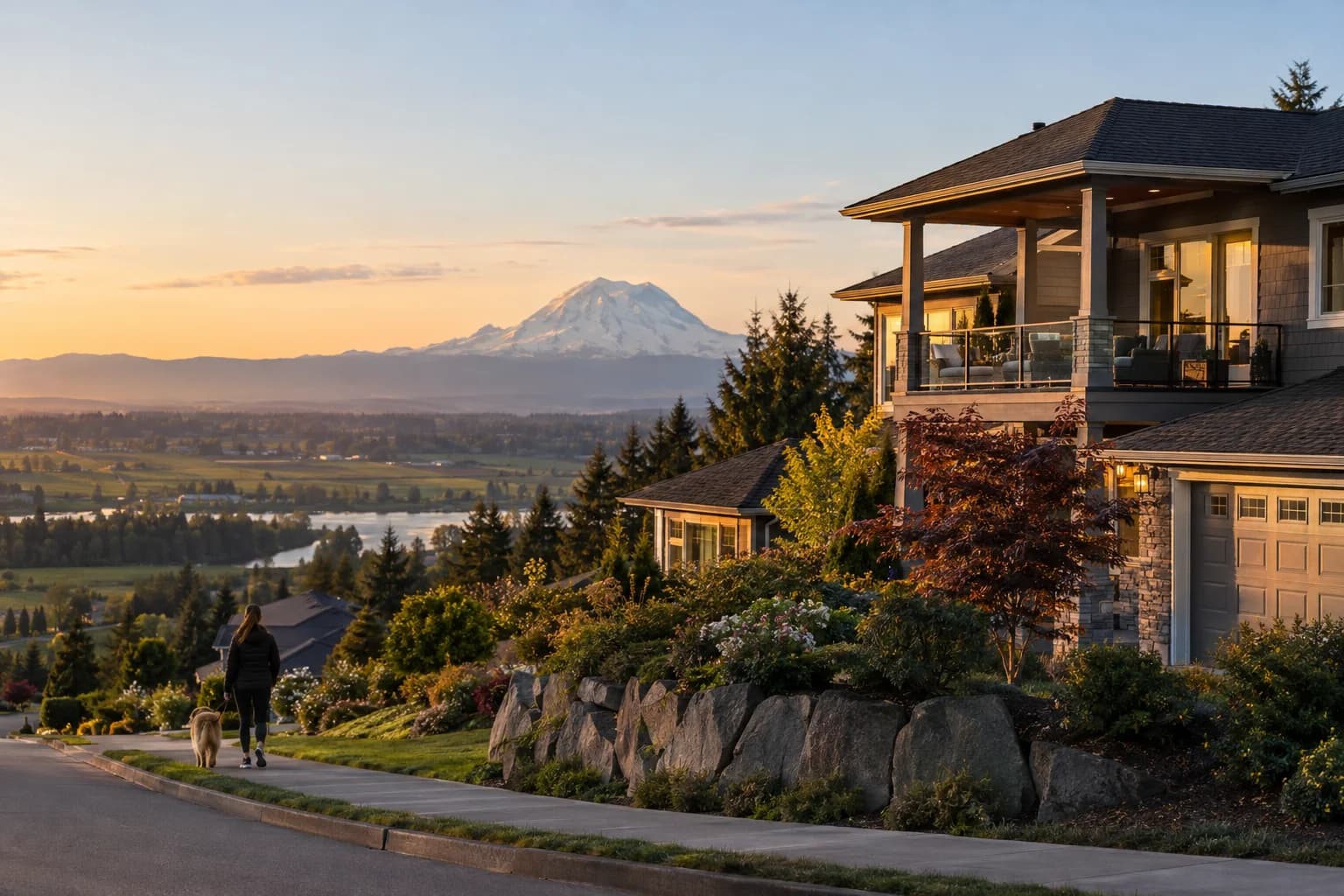 Two-story home with a covered view deck in Puyallup, Washington, with the South Hill with the Puyallup Valley farms below and Mount Rainier dominating the sky