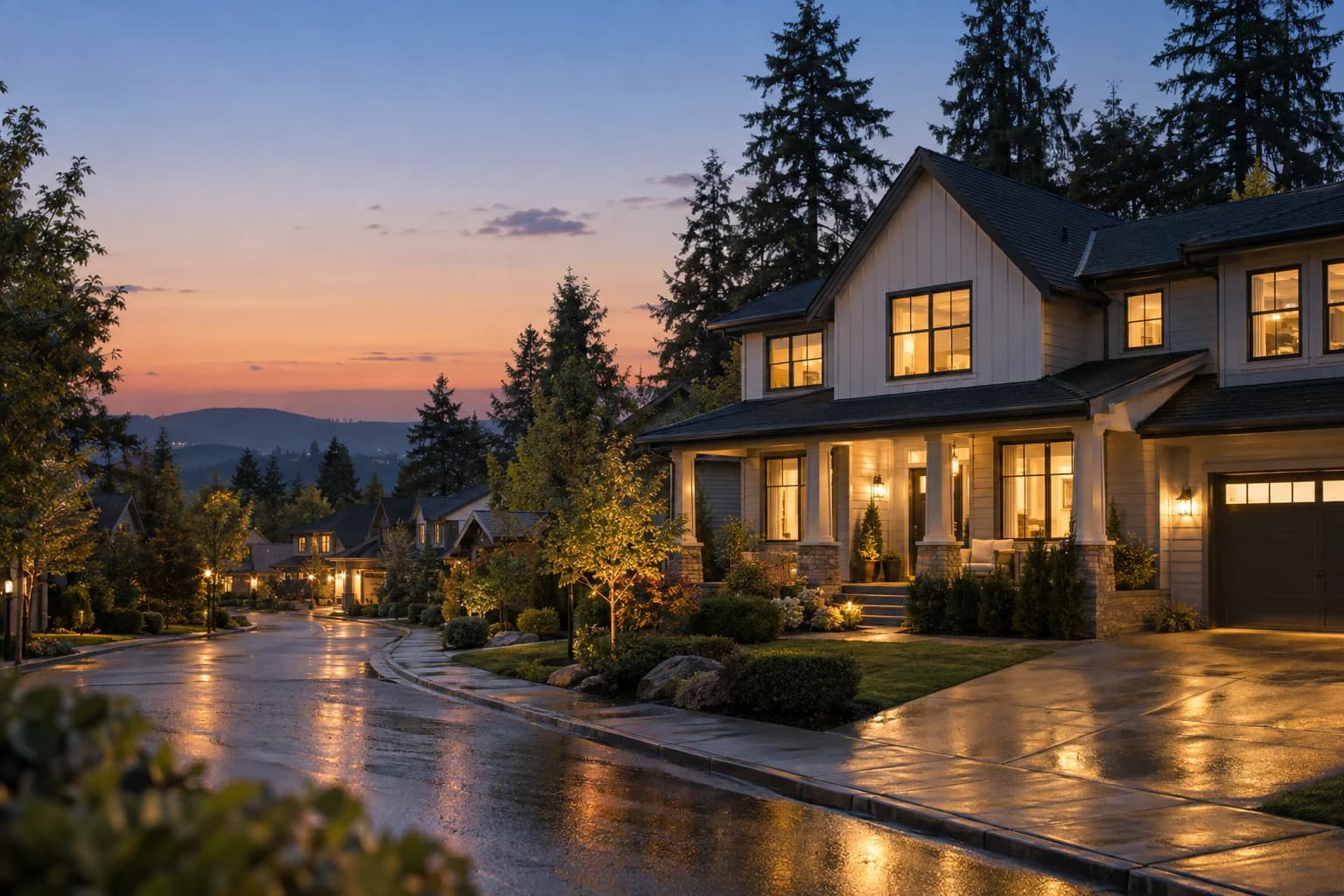 Modern farmhouse on a tree-lined Redmond street at blue hour with neighboring homes behind