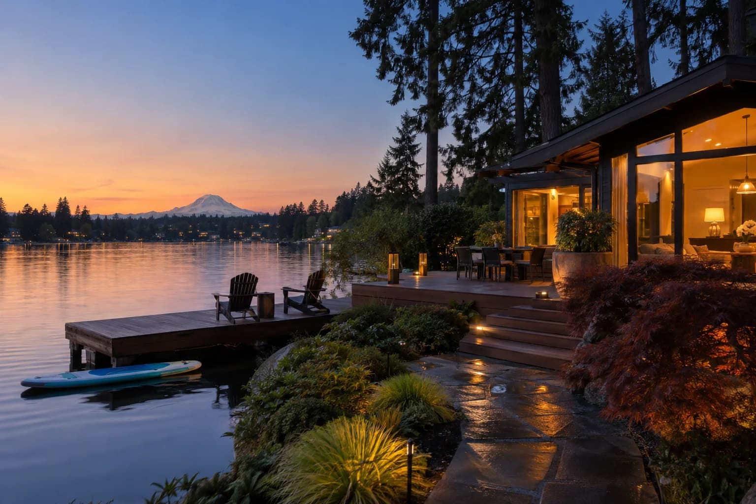 Lakefront cottage with a dock and Adirondack chairs in SeaTac, Washington, with Angle Lake with a dock, a paddleboard and tall trees around the water
