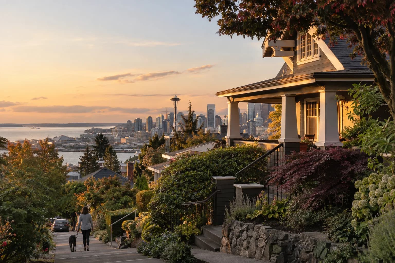Restored craftsman on Queen Anne hill with the Seattle skyline, the Space Needle and Elliott Bay