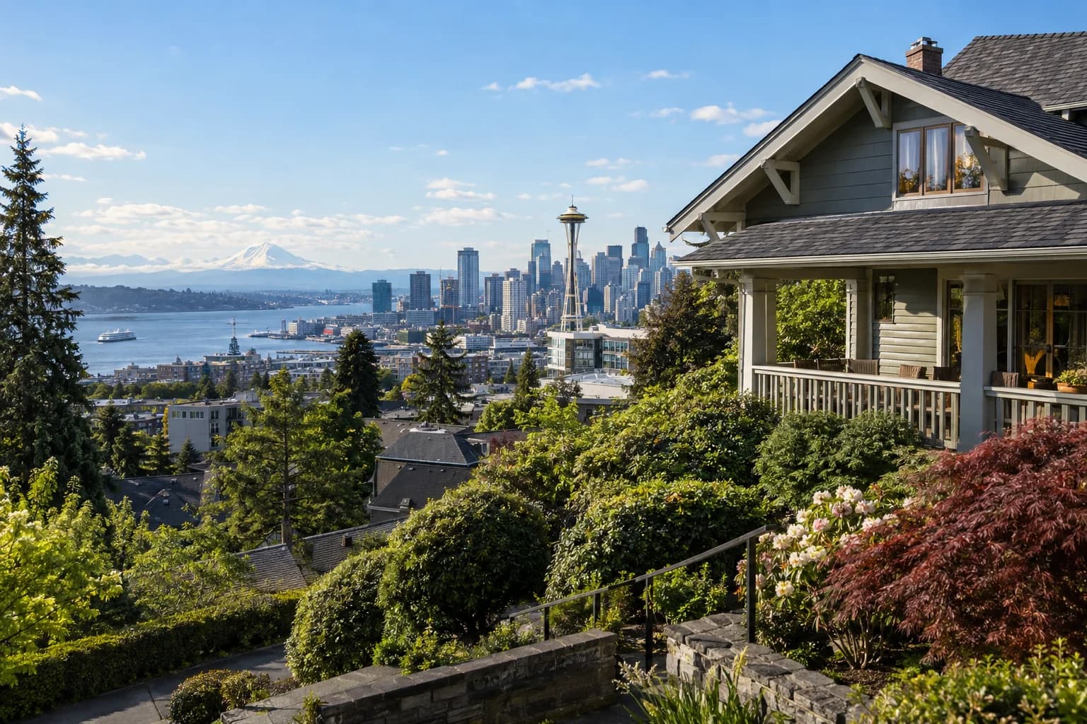 Restored craftsman with a wide porch on a hillside street in Seattle, Washington, with the Seattle skyline, the Space Needle and Elliott Bay seen from Queen Anne hill
