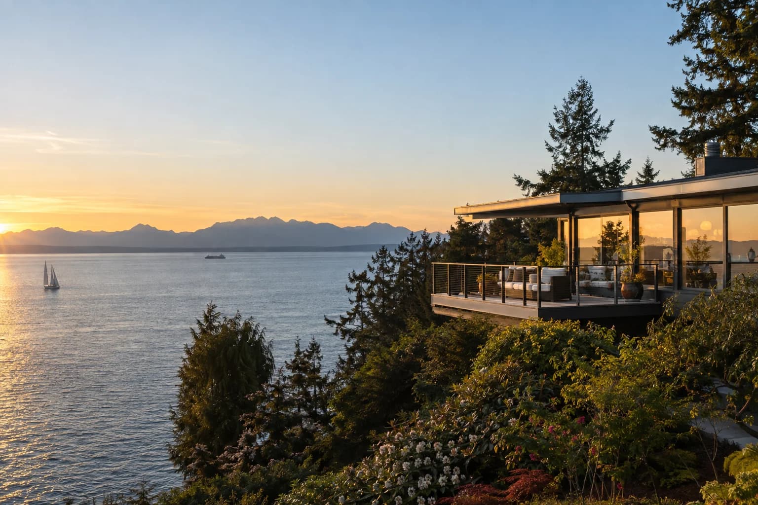 Renovated mid-century rambler with a west-facing deck in Shoreline, Washington, with a bluff above Puget Sound with the Olympic Mountains across the water