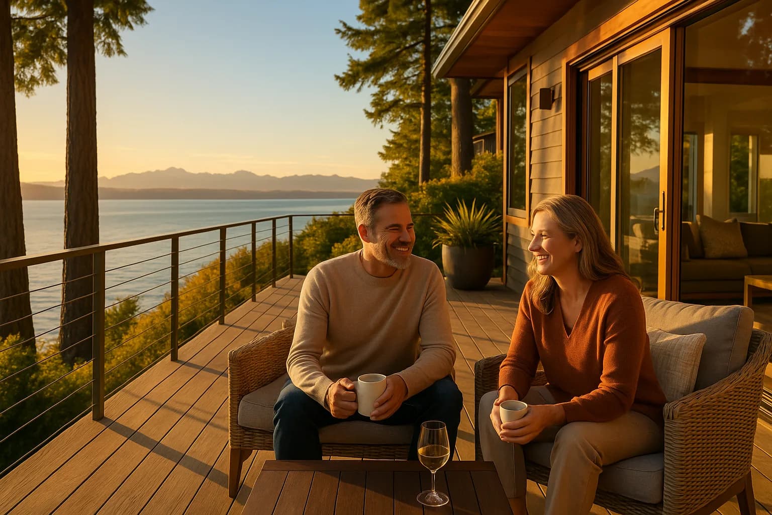 Couple on a Shoreline bluff deck with Puget Sound and the Olympic Mountains