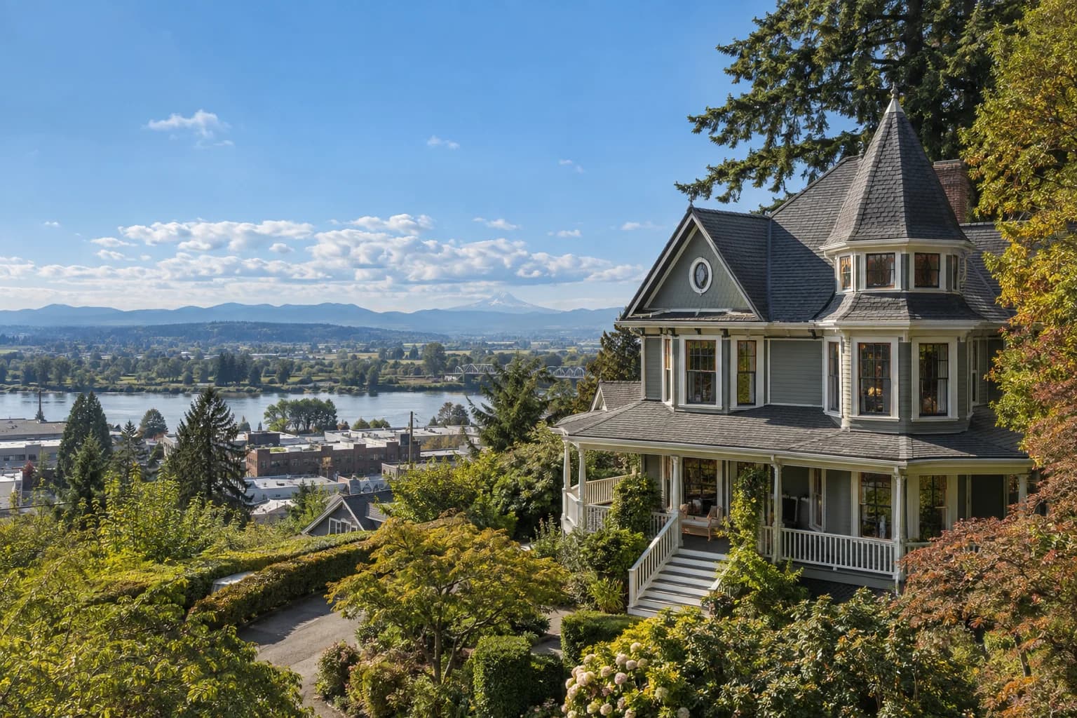 Restored Victorian with a wraparound porch in Snohomish, Washington, with historic downtown Snohomish's hill above the Snohomish River and farmland