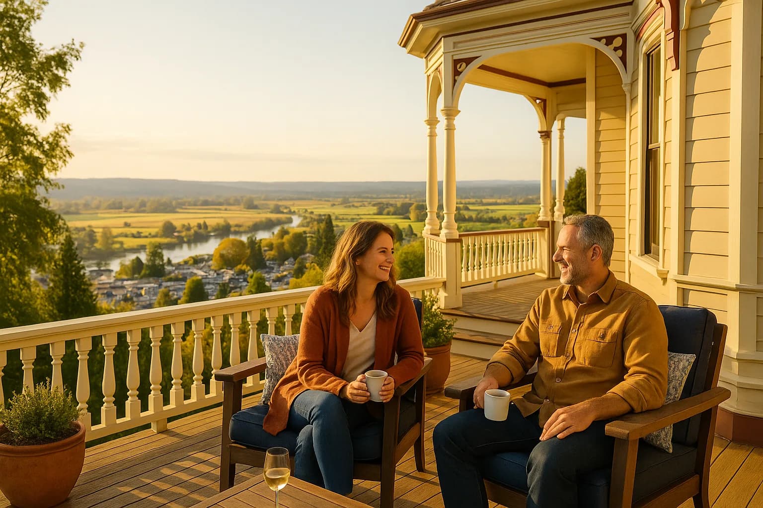 Couple on a Snohomish Victorian porch above the river valley