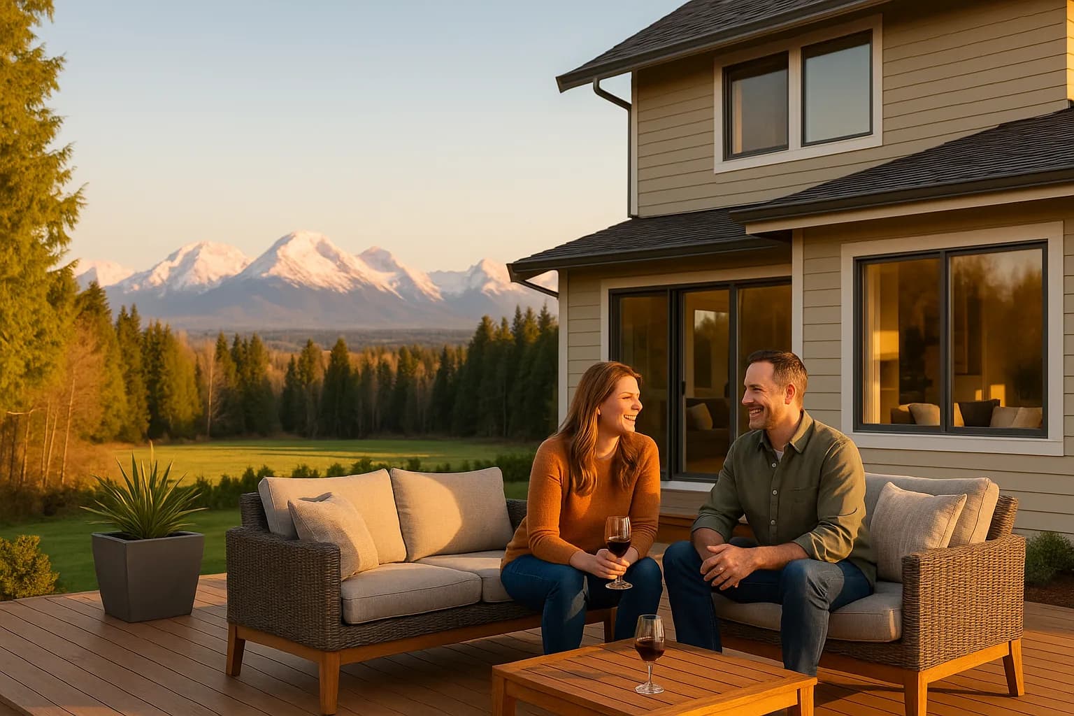 Couple on a Snohomish County deck with the Cascade Mountains beyond