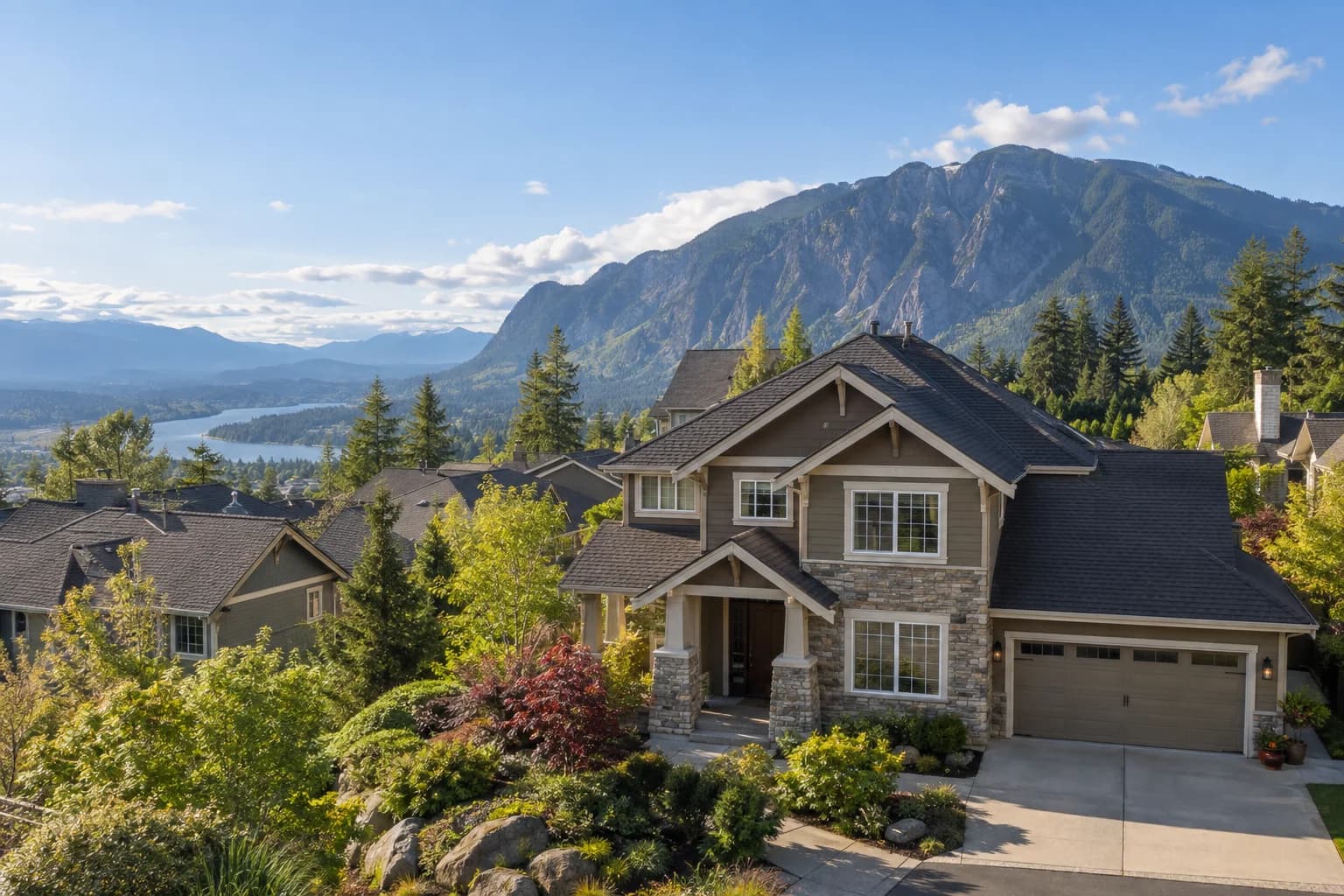 Craftsman-style two-story with a stone-accented porch in Snoqualmie, Washington, with Snoqualmie Ridge with Mount Si rising directly behind the rooftops