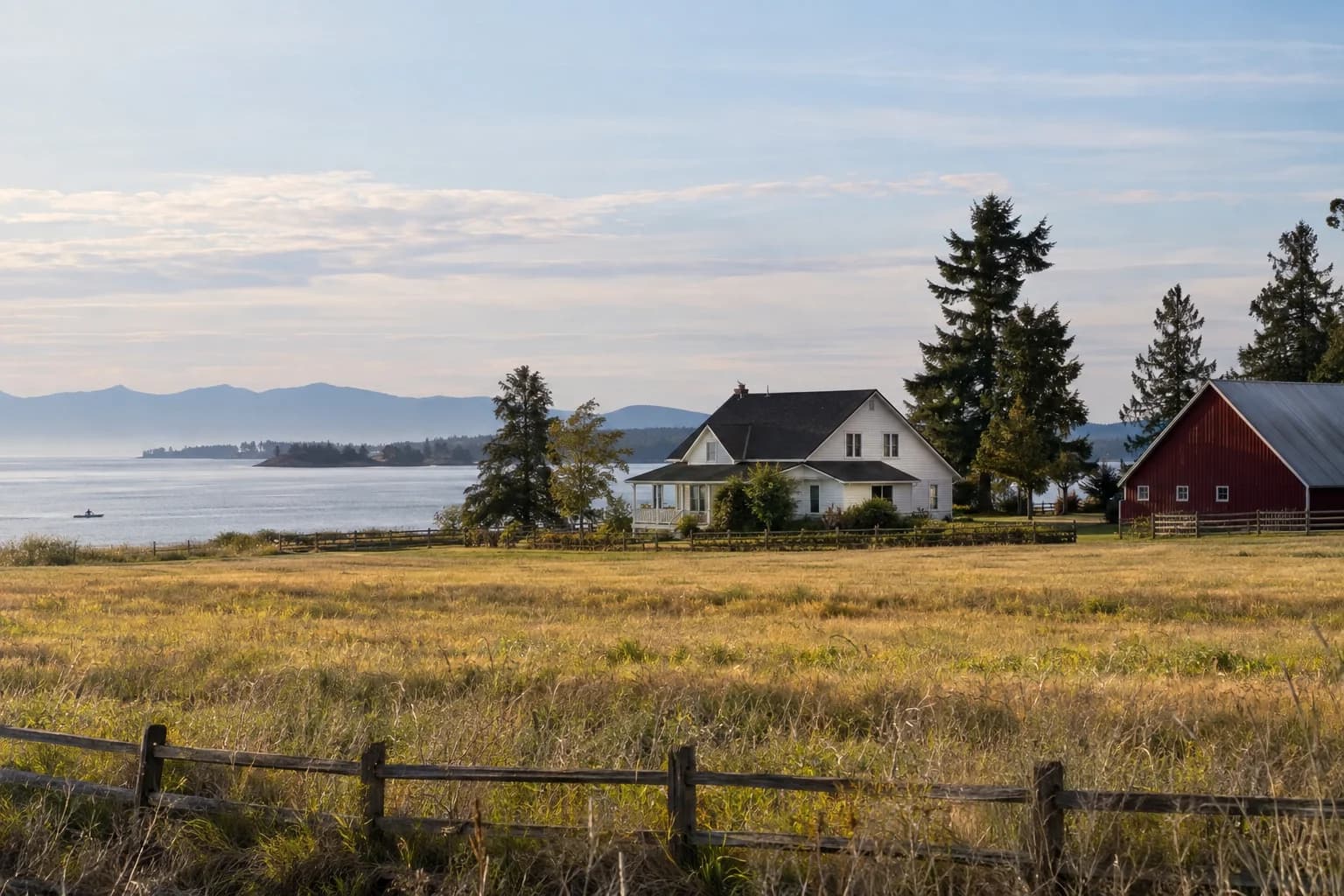 White farmhouse with a barn and golden fields in Stanwood, Washington, with farmland near the Skagit flats with a red barn and Camano Island in the distance