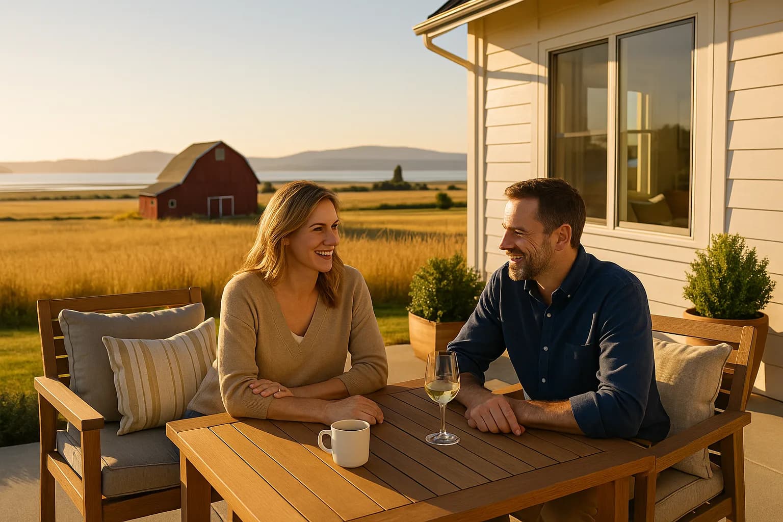 Couple outside a Stanwood farmhouse with barn and golden fields
