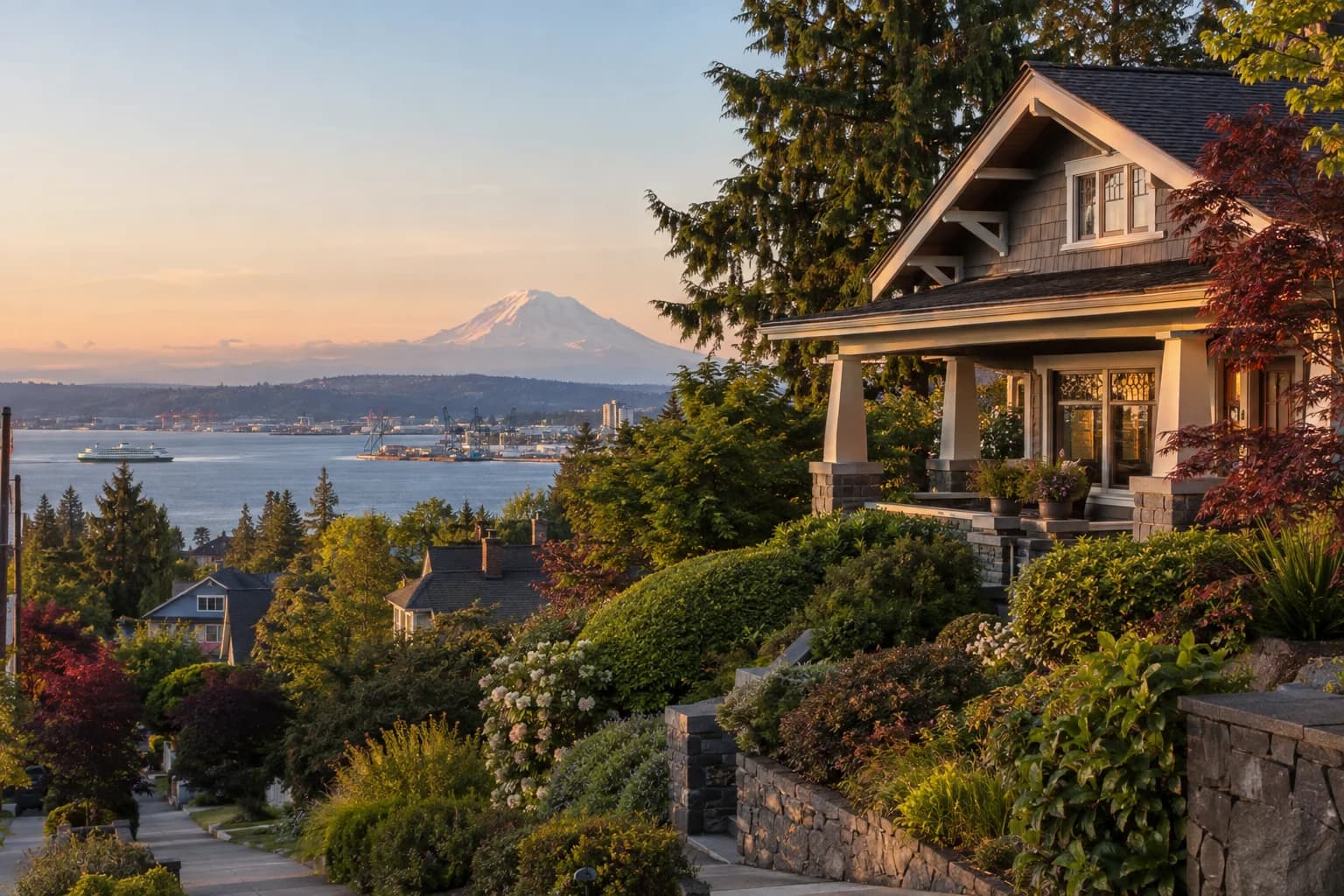 Restored craftsman with a wide porch and leaded windows in Tacoma, Washington, with Tacoma's North End near Proctor with Commencement Bay and Mount Rainier at the end of the street