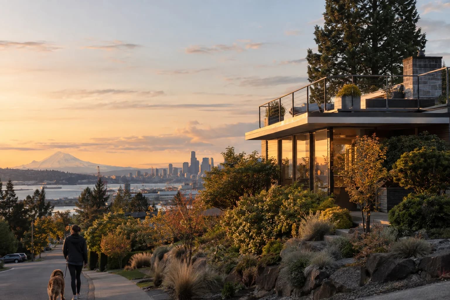Updated mid-century home with a rooftop deck in Tukwila, Washington, with a hilltop above the Duwamish valley with the Seattle skyline in the distance