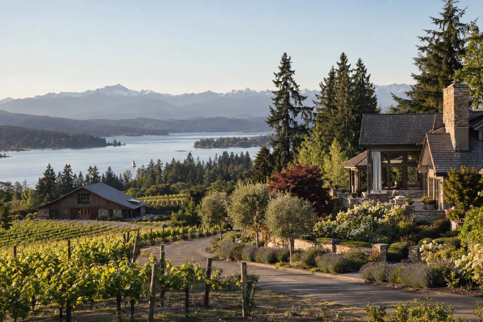 Estate home on acreage with a vineyard beside the drive in Woodinville, Washington, with Woodinville wine country with vineyard rows, a winery barn and the Cascade foothills