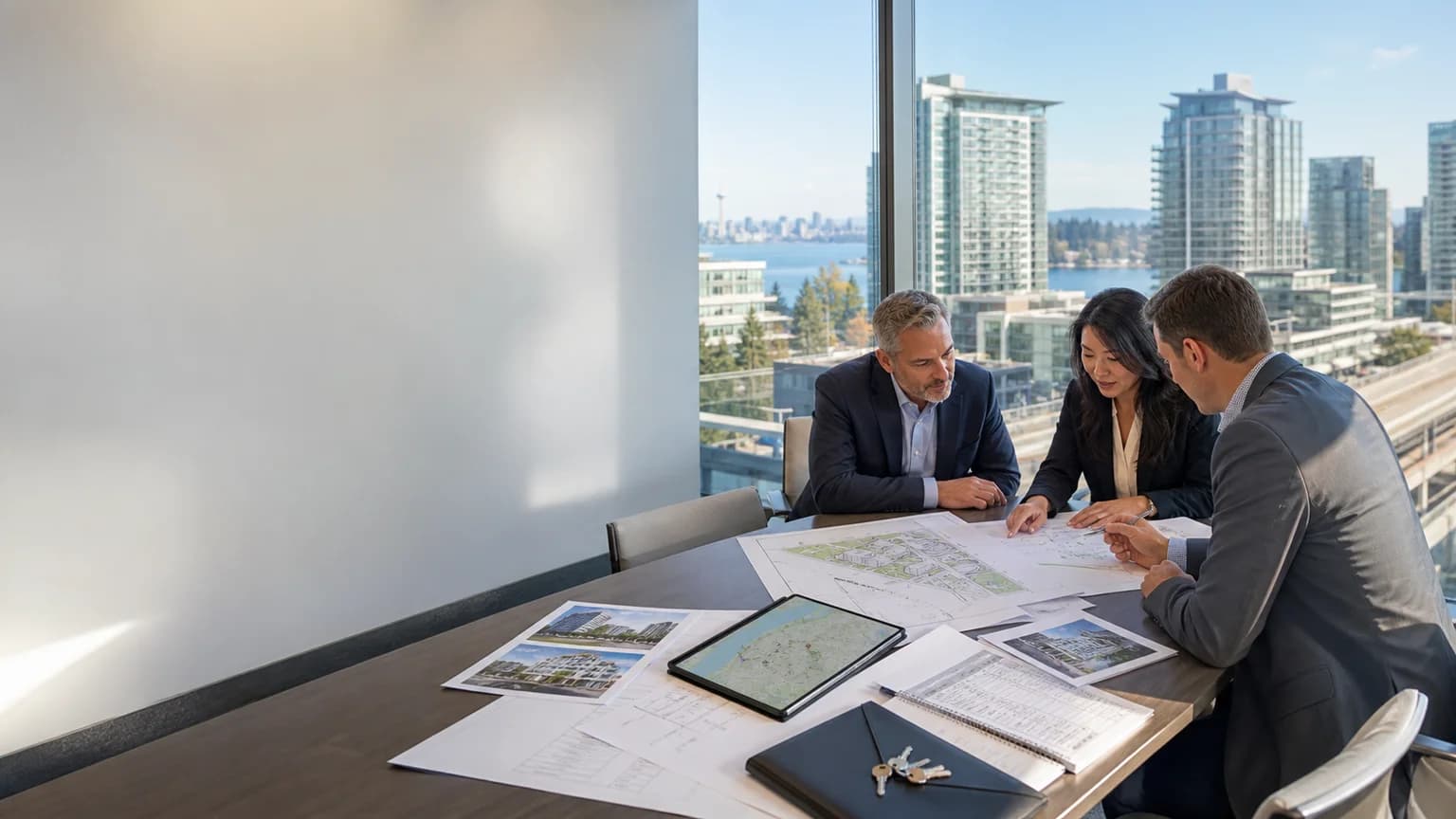 Commercial real estate advisors reviewing Bellevue and Seattle property underwriting materials.
