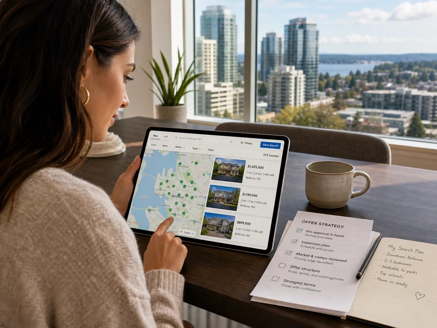 Bellevue home buyer reviewing map search, pre-approval checklist, and offer strategy