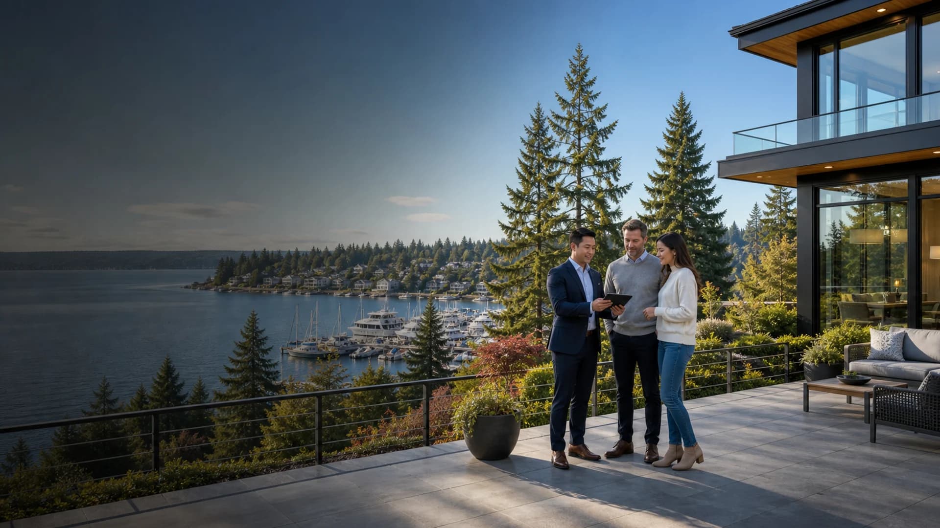 Kirkland home buyers reviewing listings with a RexMont specialist above Lake Washington