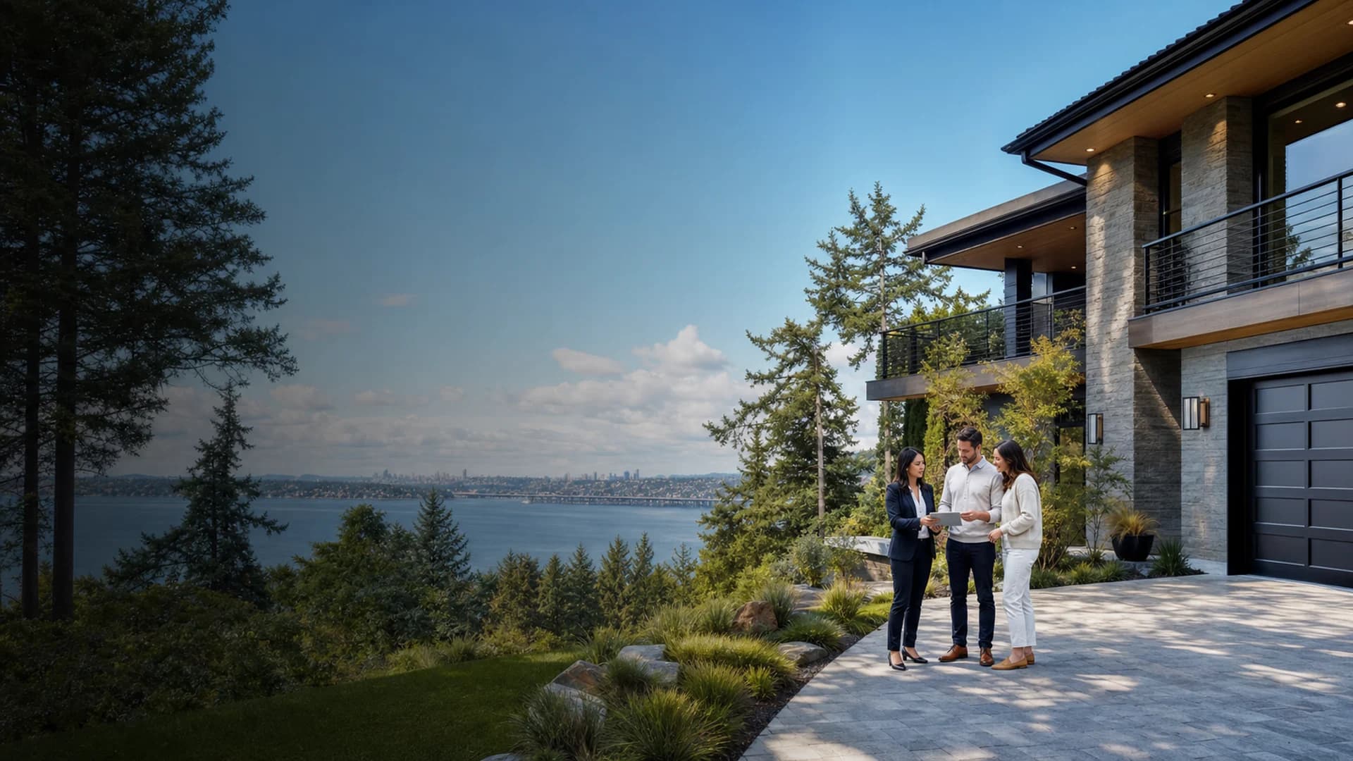 Mercer Island home buyers reviewing listings with a RexMont advisor near Lake Washington
