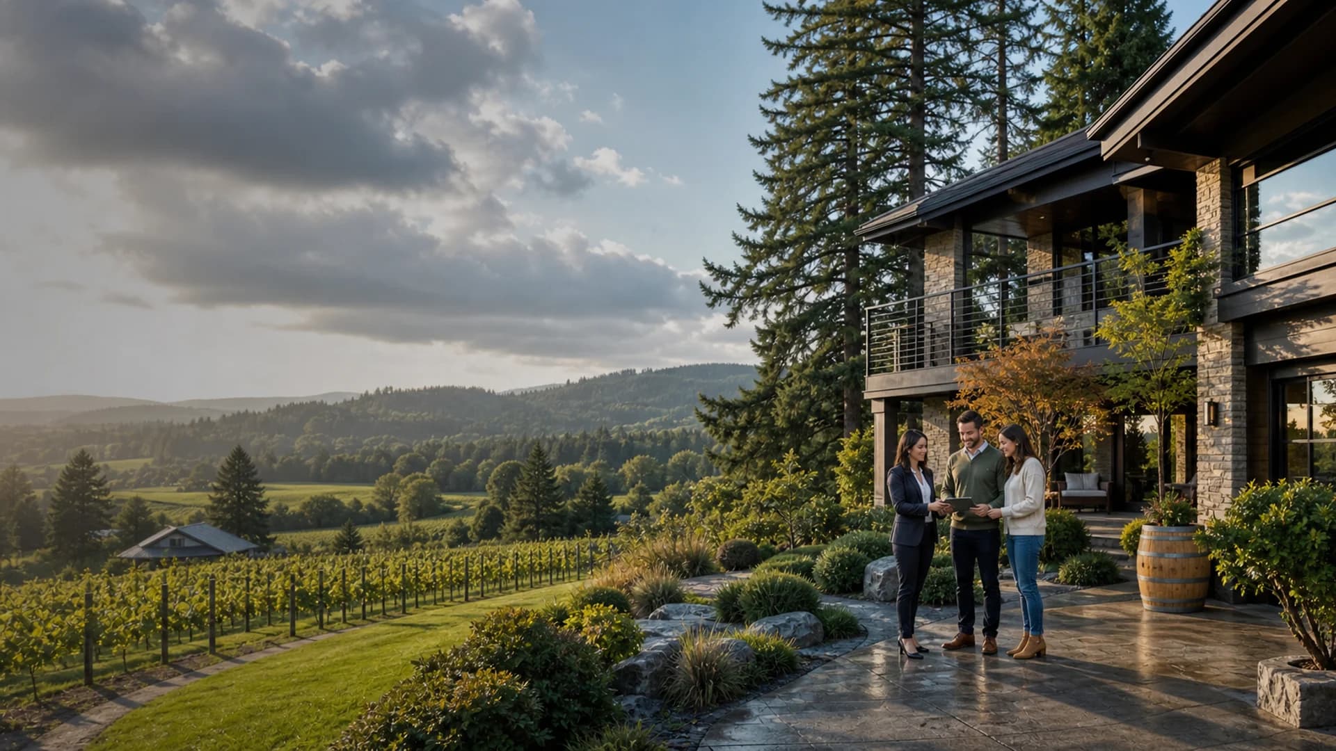 Woodinville home buyers reviewing acreage listings with a RexMont advisor near a wine country estate