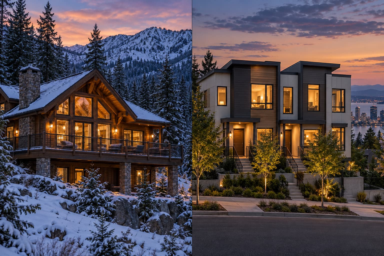 Two properties side by side at dusk: a mountain cabin near Leavenworth and a Bellevue fourplex, representing an exchange