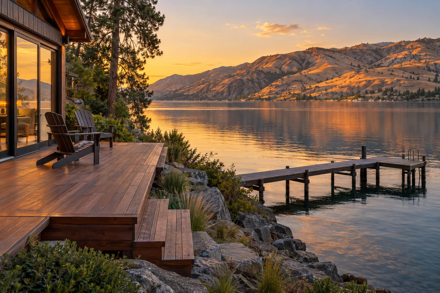 Lakefront cabin on Lake Chelan at golden hour with a dock, an empty deck and dry hills behind, the kind of property investors model before offering