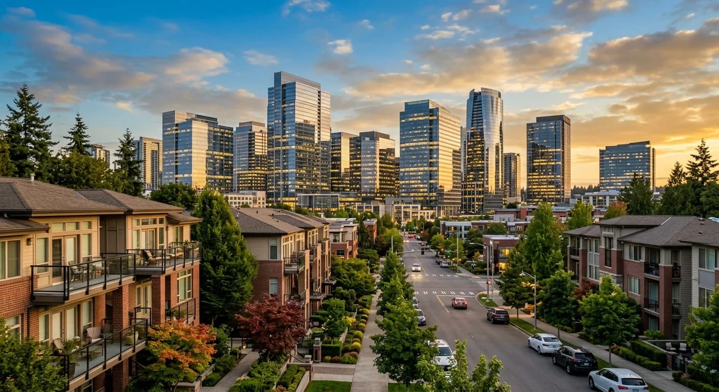 Downtown Bellevue Amazon towers at golden hour with nearby homes representing Amazon relocation real estate