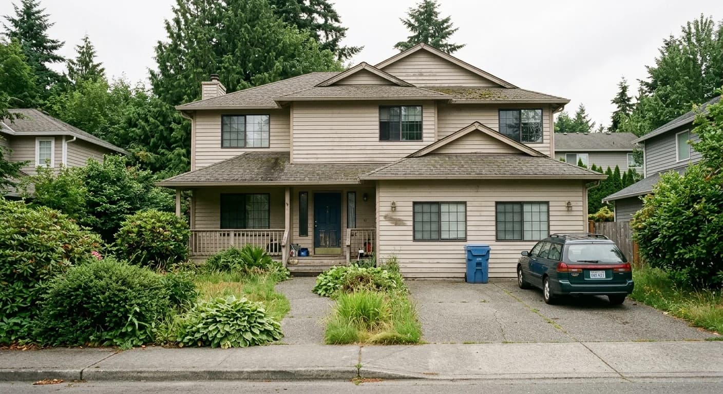 Bellevue home sold as-is with broker signage and mature Eastside landscaping
