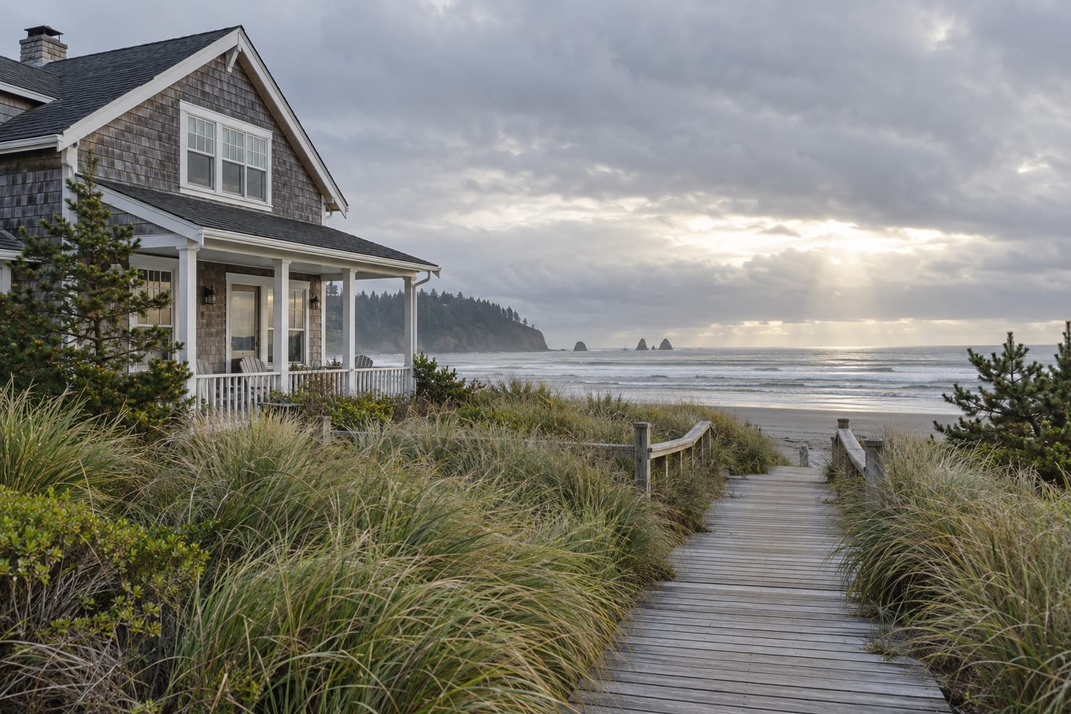 Cedar-shingled beach cottage at Seabrook on the Washington coast with dune grass and a low overcast sky