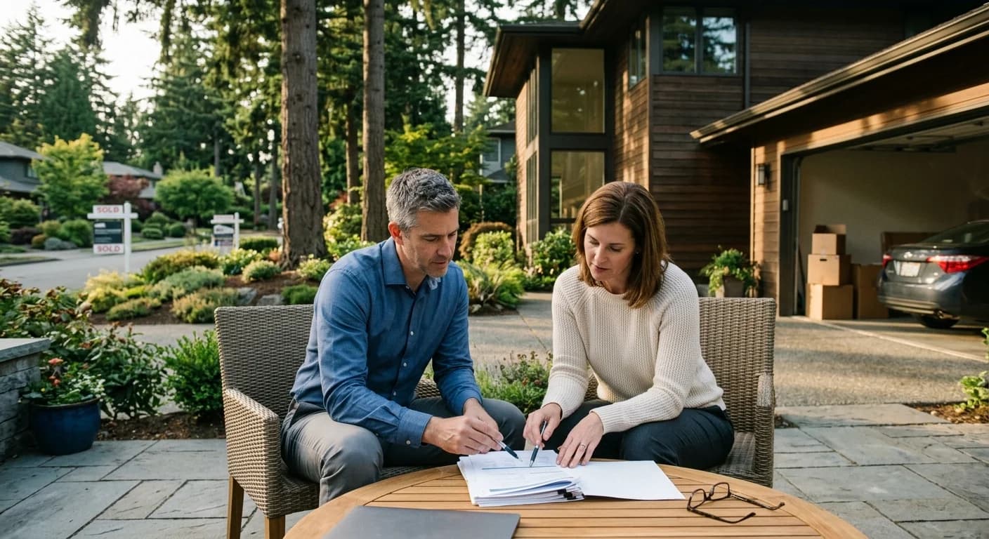 Bellevue move-up buyers reviewing sale and purchase timing at a kitchen table