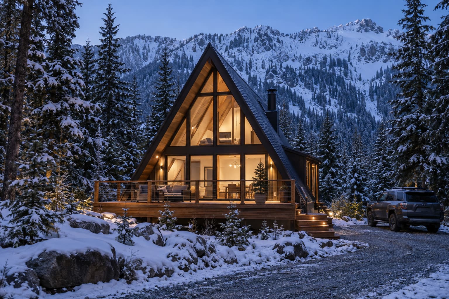 A-frame cabin with a lit deck among tall firs near Snoqualmie Pass at blue hour, snow on the ridgeline