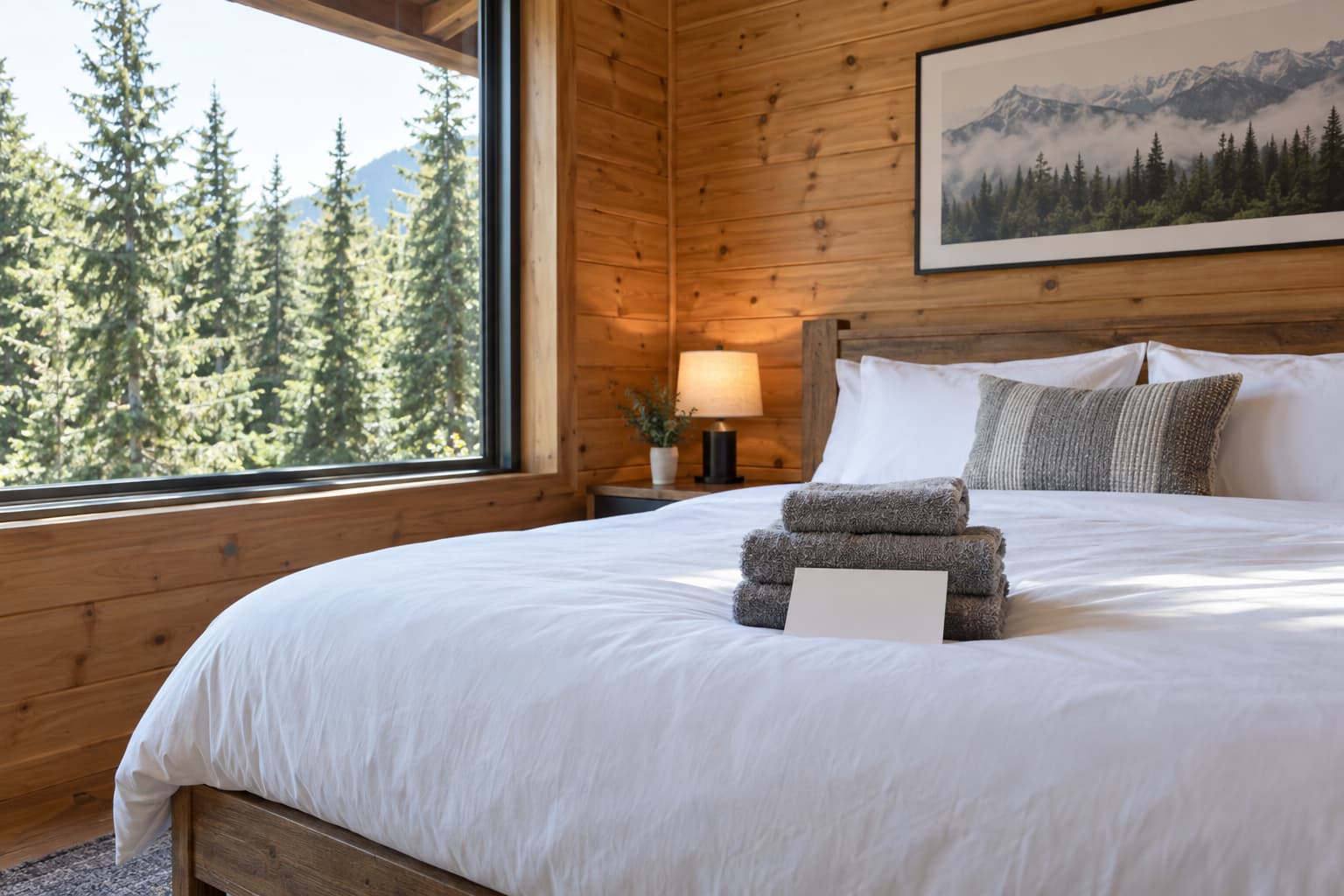 Freshly made bed with folded towels and a welcome card in a bright vacation rental bedroom with fir trees outside the window