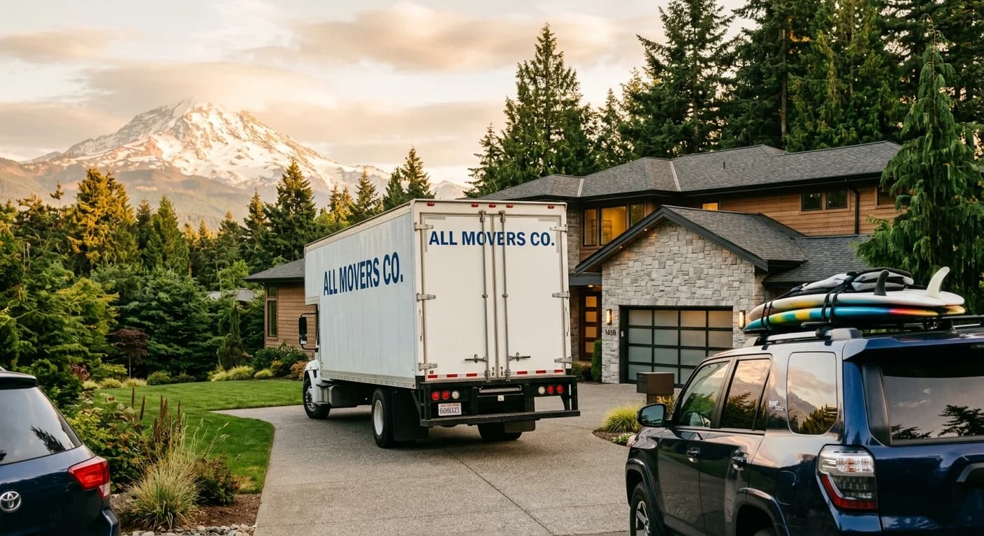 California family coordinating a remote move to Bellevue with laptop home tours