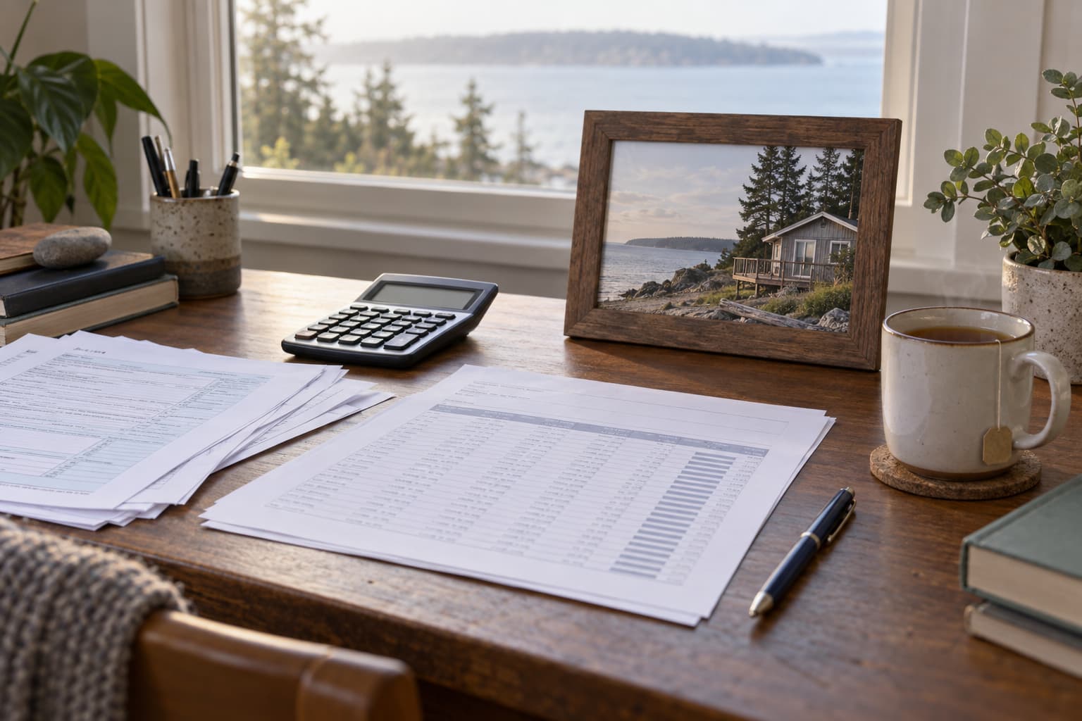 Tax documents, a calculator and a depreciation schedule laid out on a wooden desk with a framed photo of a Whidbey Island beach cabin