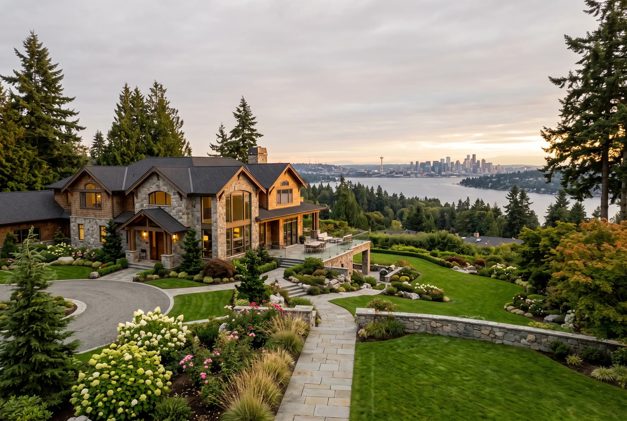 Clyde Hill estate home with Lake Washington beyond, representing the cost of selling at enclave values