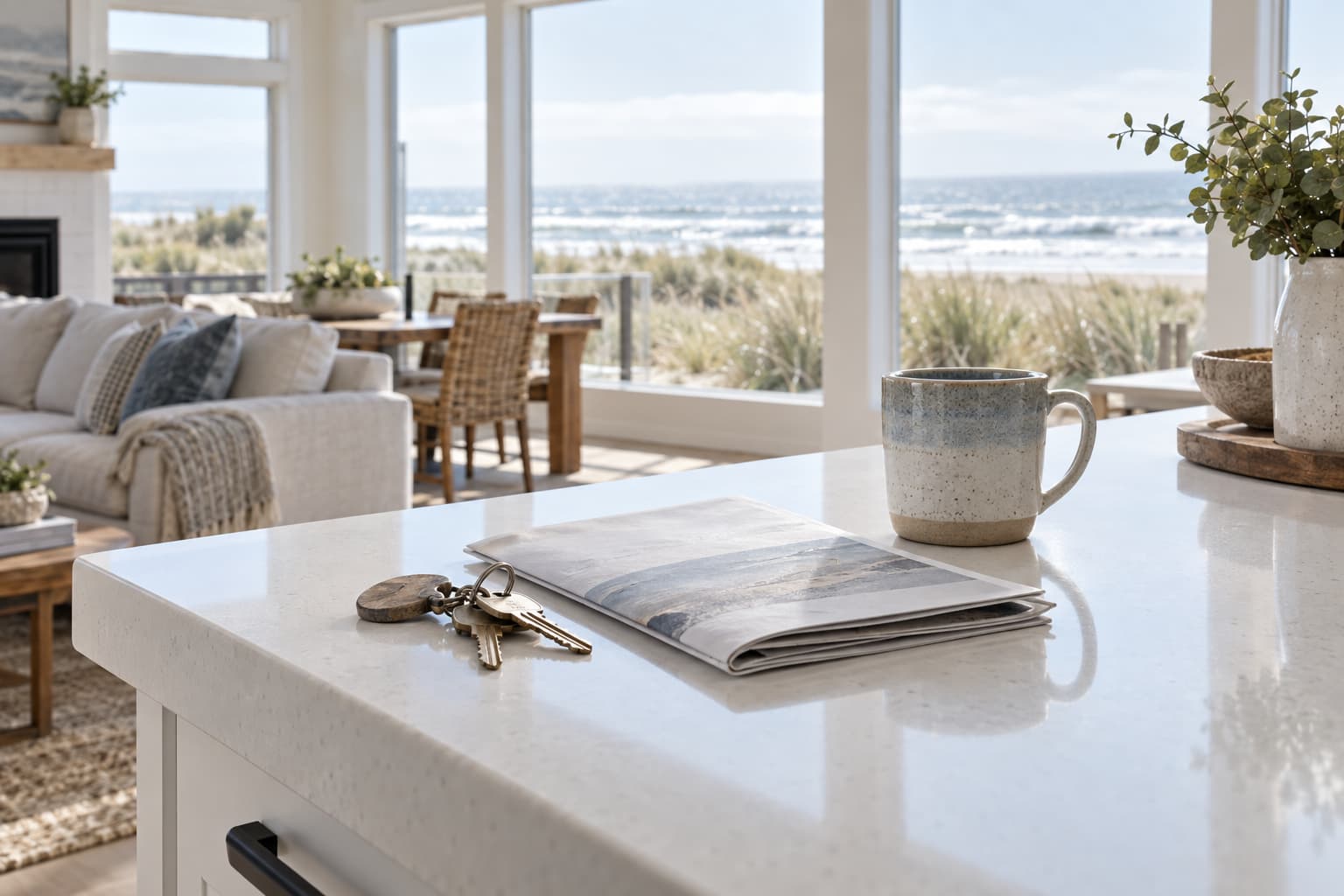 Keys, a folded net sheet and a coffee mug on the kitchen island of a bright Ocean Shores beach house on closing morning
