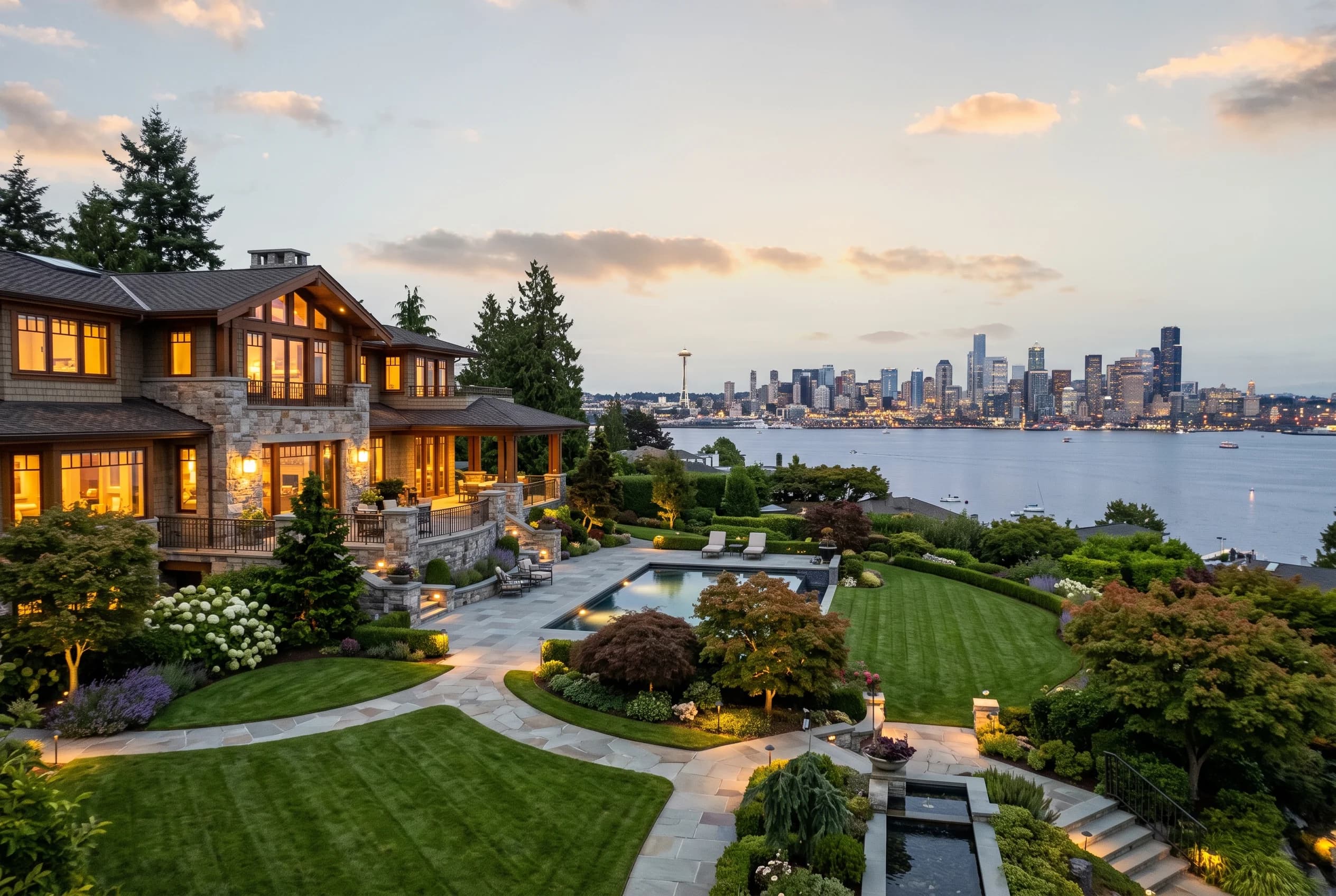 Luxury Clyde Hill estate at dusk with Lake Washington and manicured grounds
