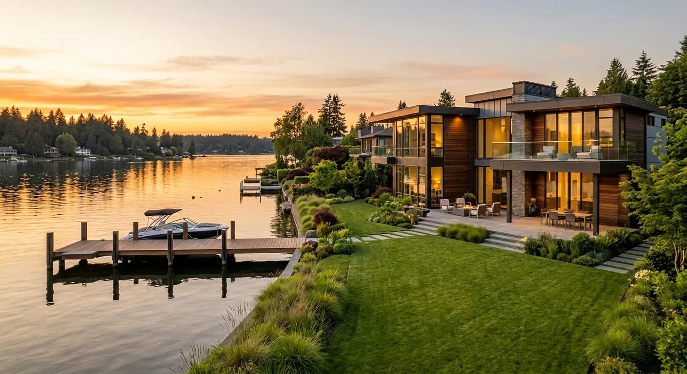 Luxury Kirkland waterfront home on Lake Washington at golden hour