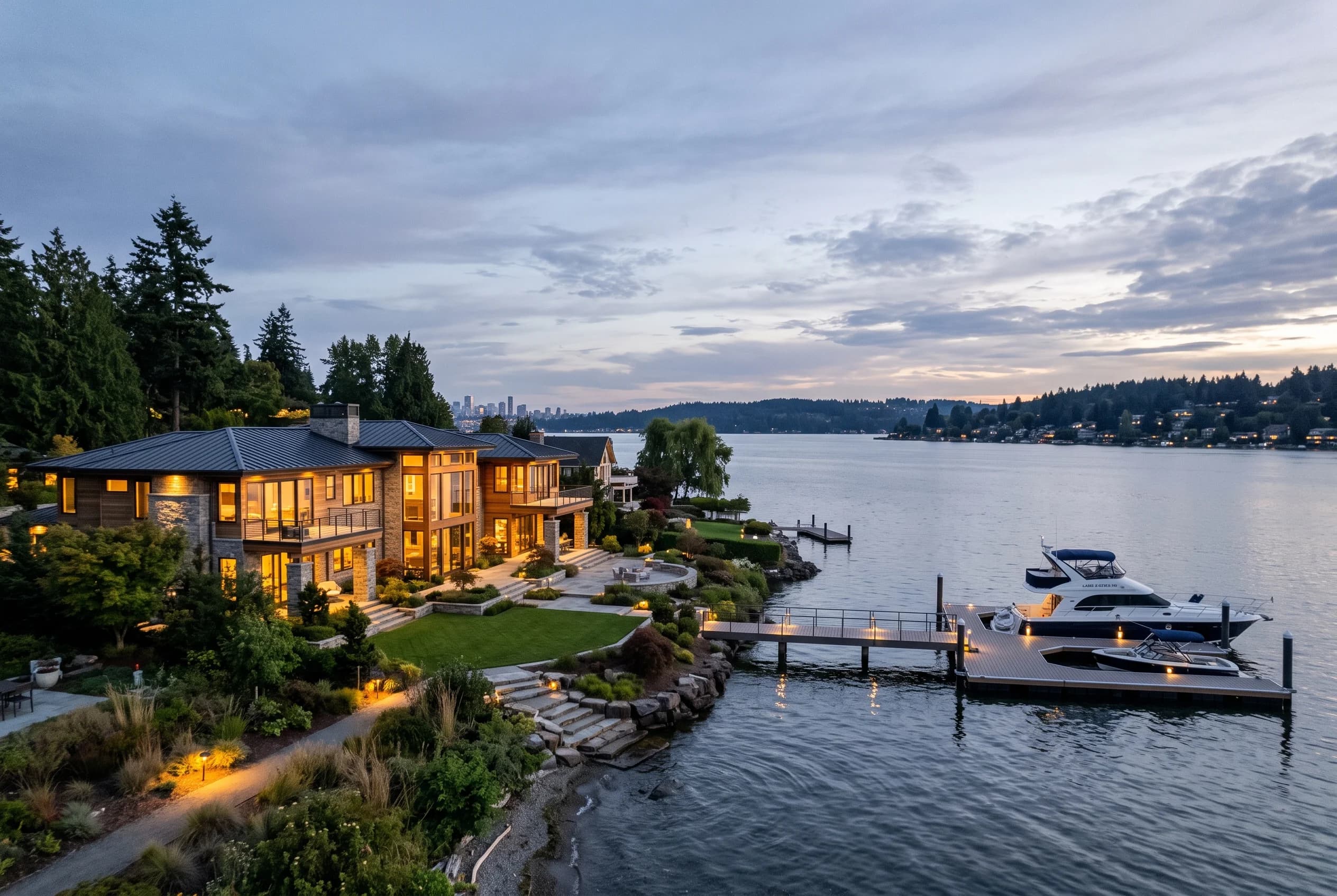 Luxury Mercer Island waterfront estate at dusk with Lake Washington beyond
