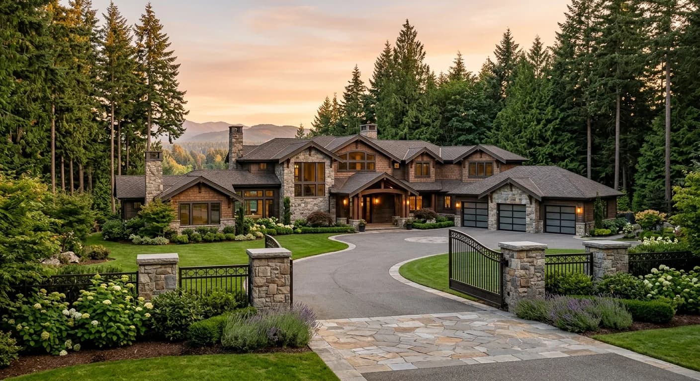 Luxury Sammamish plateau estate at golden hour representing high-end home sales