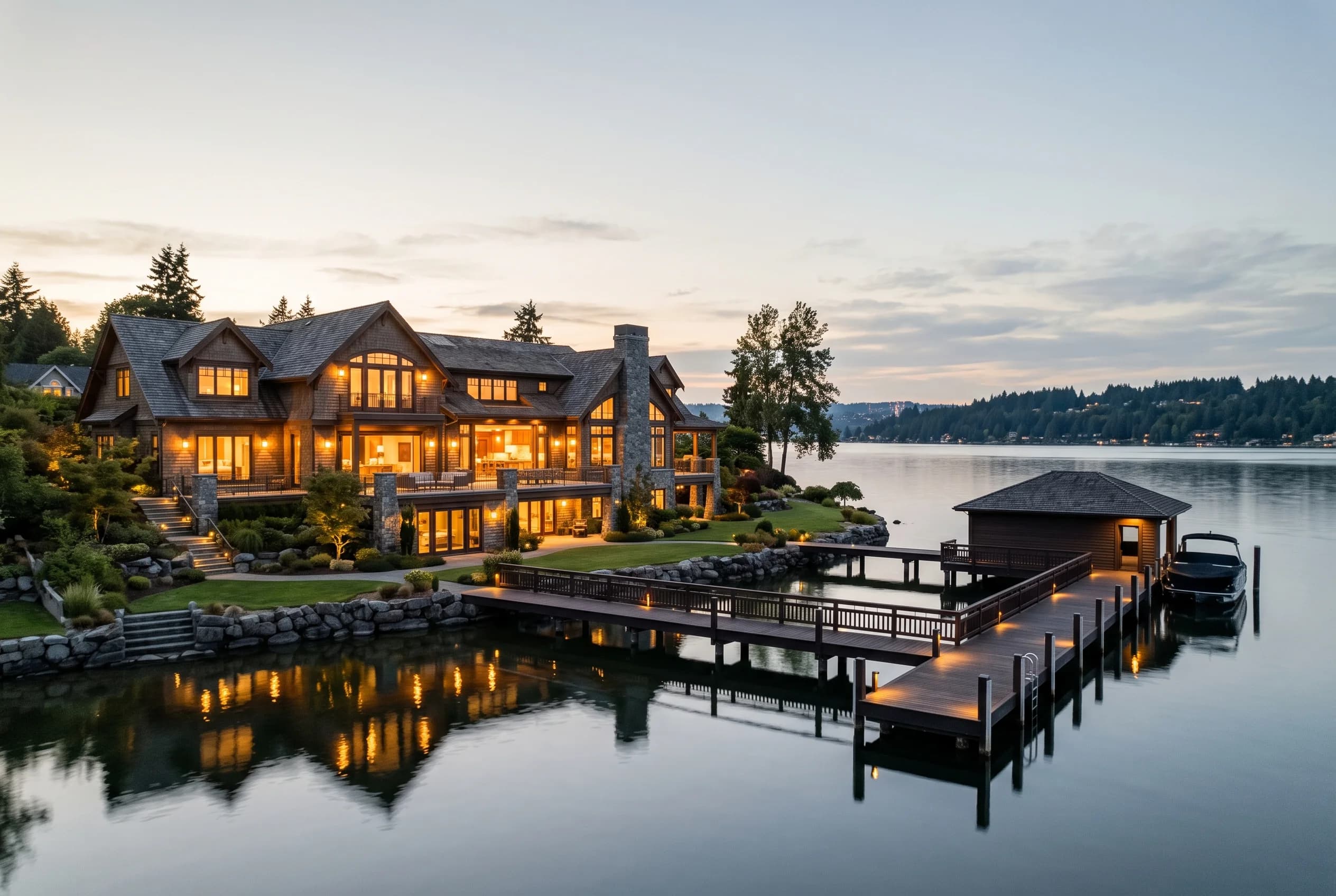 Luxury Yarrow Point estate at dusk with Lake Washington and manicured grounds