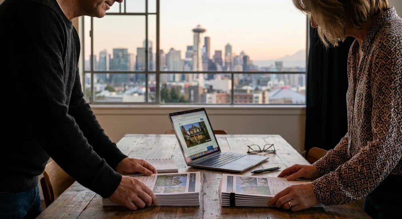 Seattle homeowner comparing a Redfin listing quote with a traditional full-service agent proposal