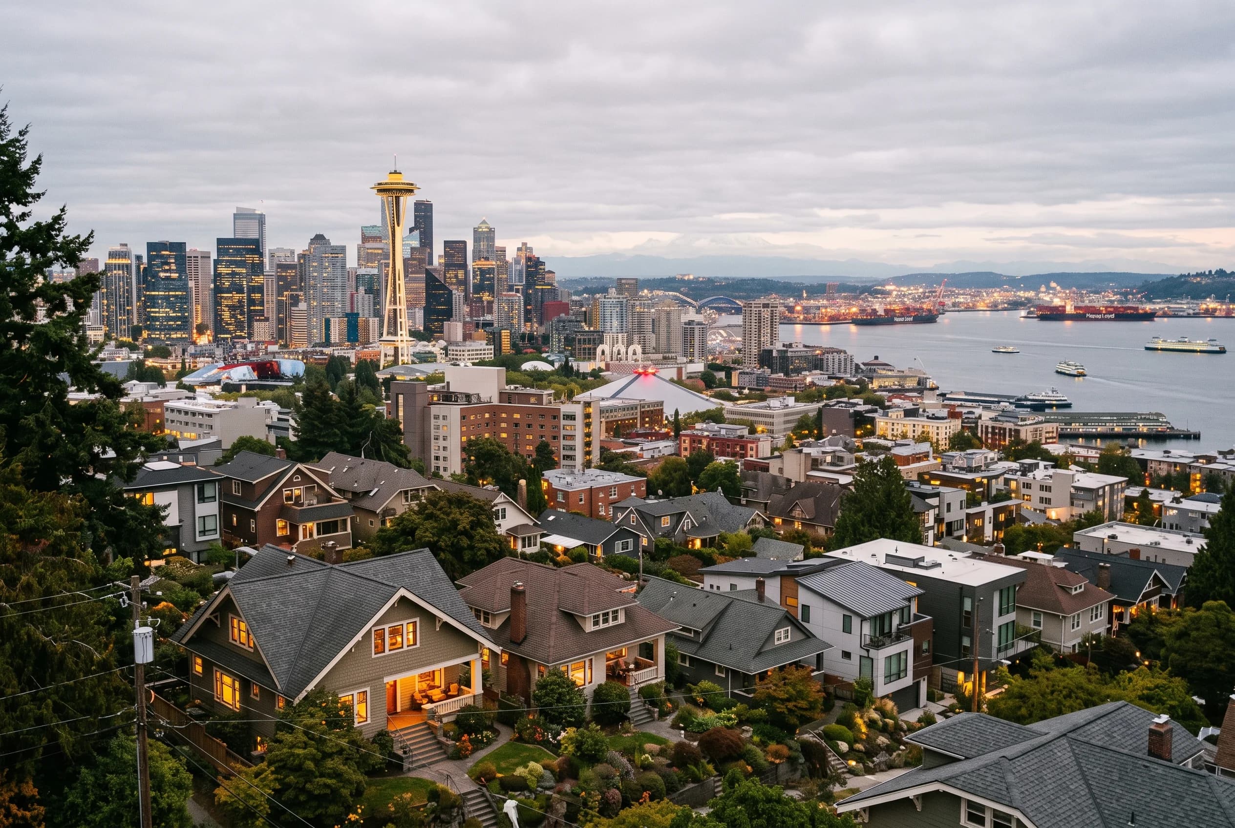 Seattle skyline over residential rooftops representing commission costs on a home sale